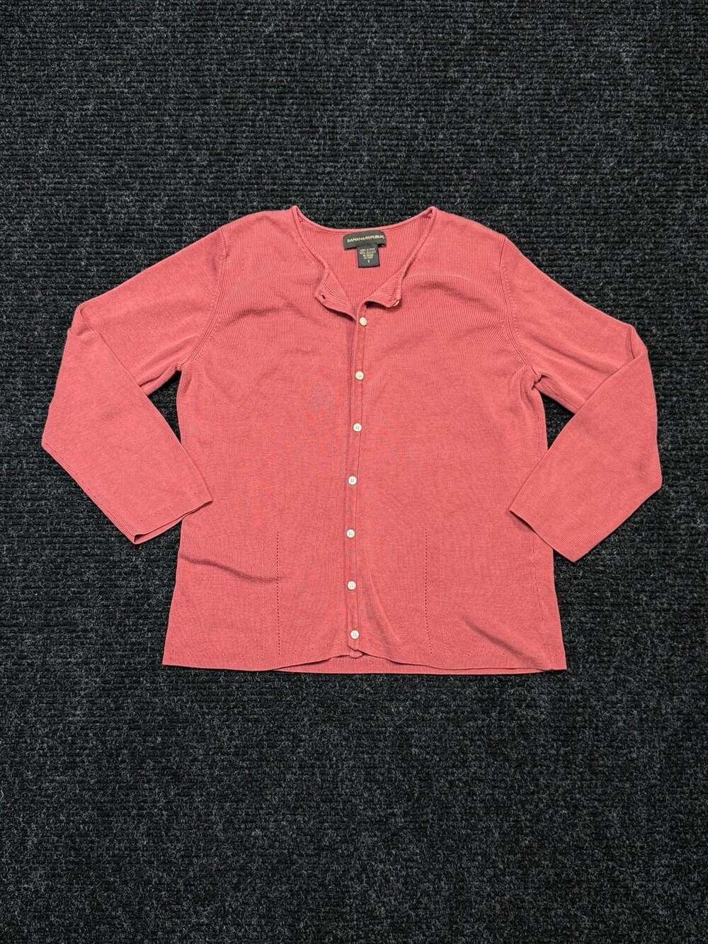 Banana Republic 100% Silk Ribbed Cardigan Sweater Coral Pink Size S Quiet Luxury